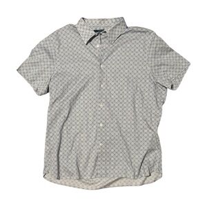 Perry Ellis Men’s Geometric Print Short Sleeve Stretch Button Down, Blue, Large